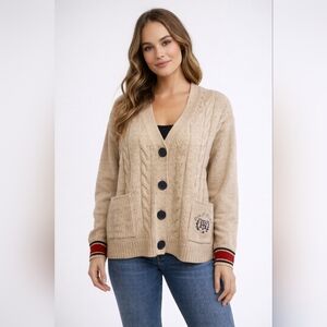 Tommy Hilfiger Women’s Cardigan Sweater Med Button Down Boxy Cable Knit Tan